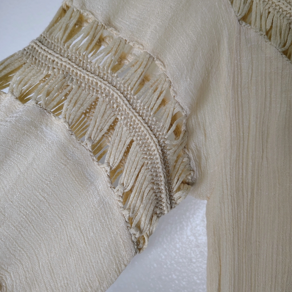 Boho Beige Crochet Mesh Midi Dress Cover Up S/M Solid Neutral Festival Beach - Picture 7 of 15